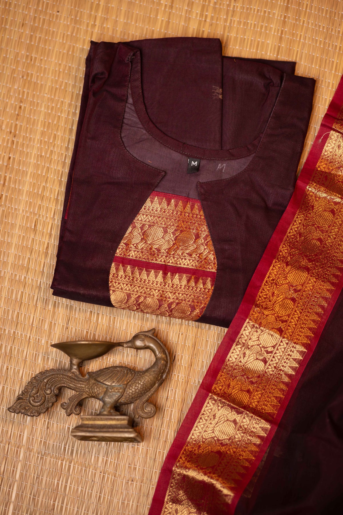Coffee brown shade2 - Chettinad cotton A-Line kurta + dupatta