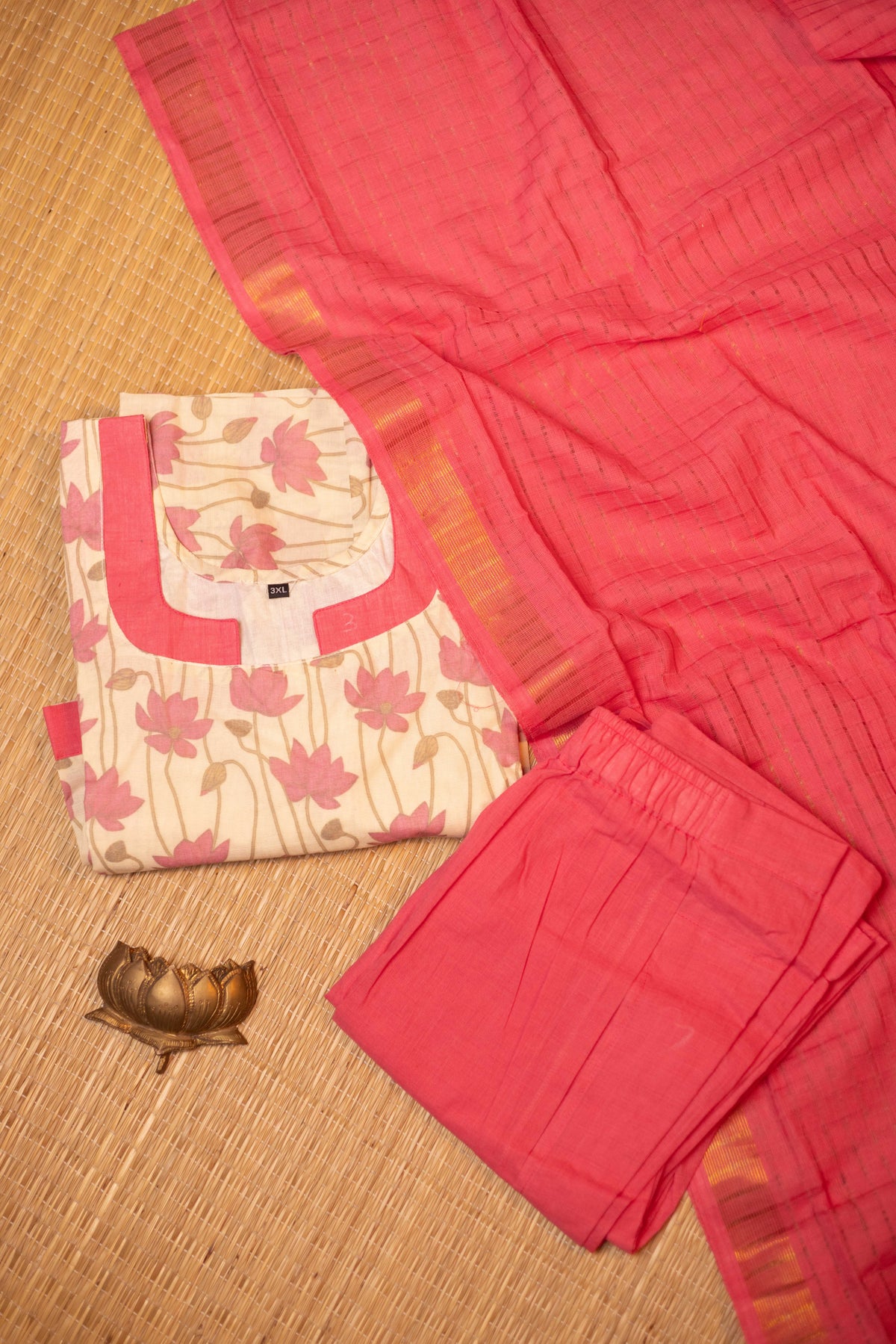 Half white with pink - Pure cotton kalamkari patchwork 3 pieces suit set