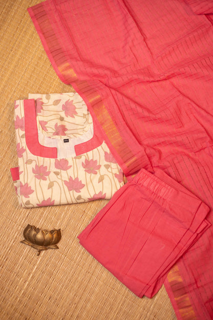 Half white with pink - Pure cotton kalamkari patchwork 3 pieces suit set