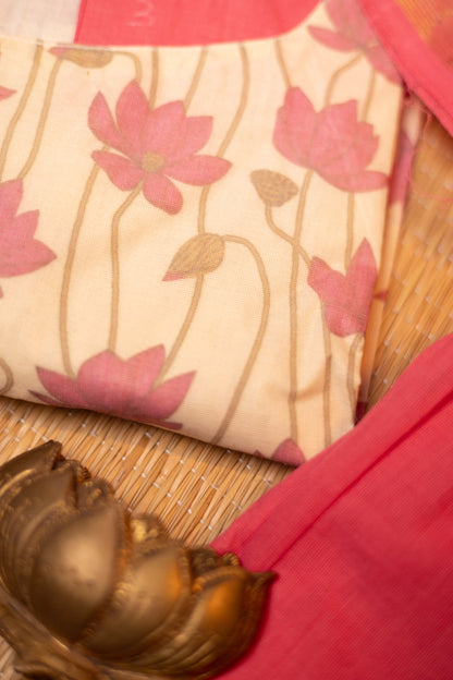 Half white with pink - Pure cotton kalamkari patchwork 3 pieces suit set