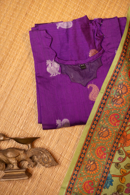 Purple festive raw silk A-Line kurta with pista kalamkari tussar silk duppatta
