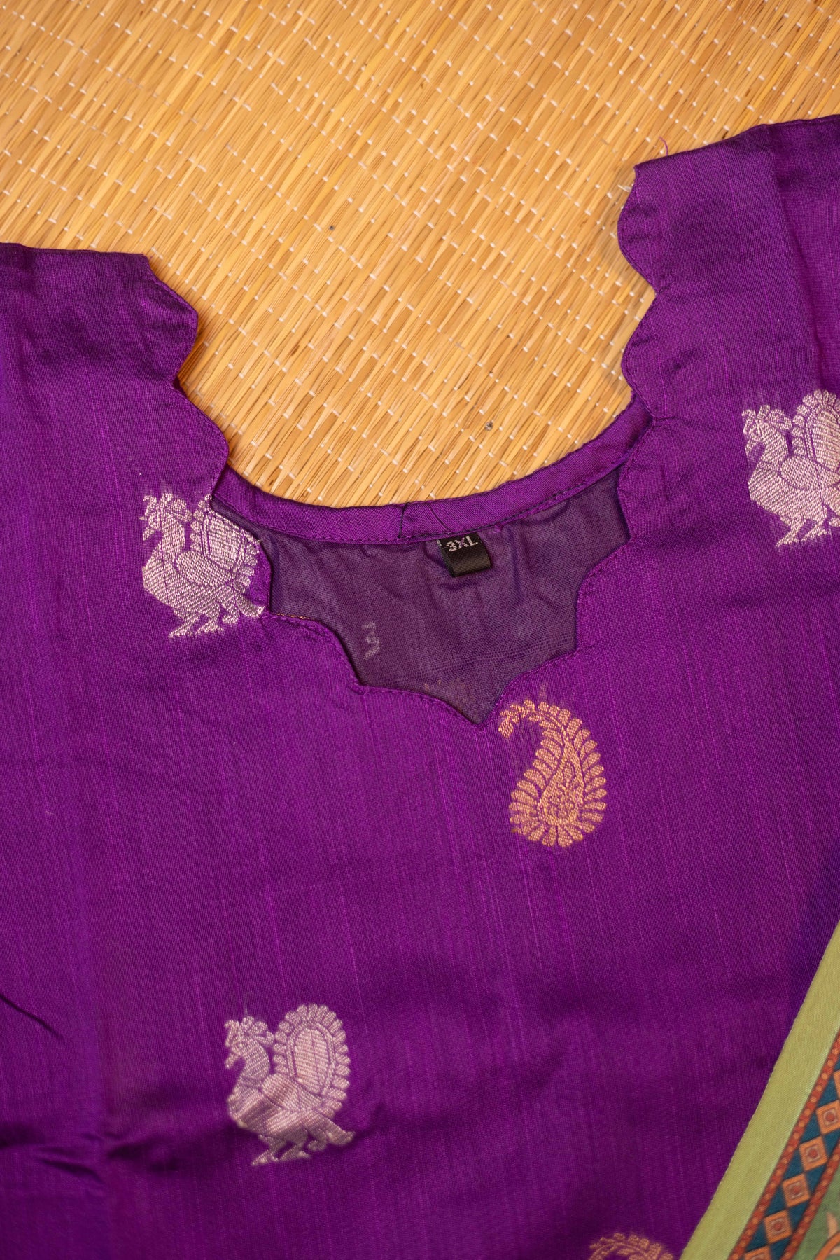 Purple festive raw silk A-Line kurta with pista kalamkari tussar silk duppatta