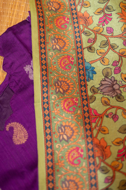 Purple festive raw silk A-Line kurta with pista kalamkari tussar silk duppatta