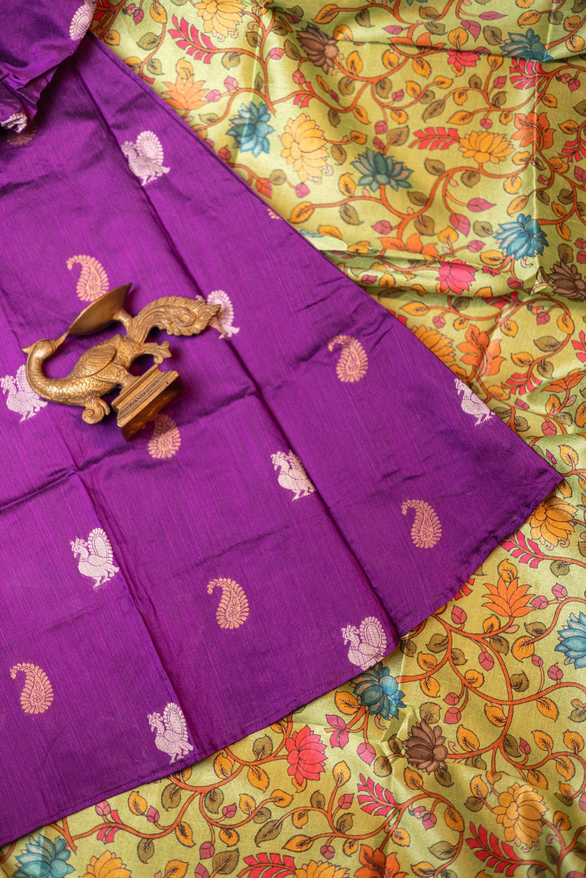 Purple festive raw silk A-Line kurta with pista kalamkari tussar silk duppatta