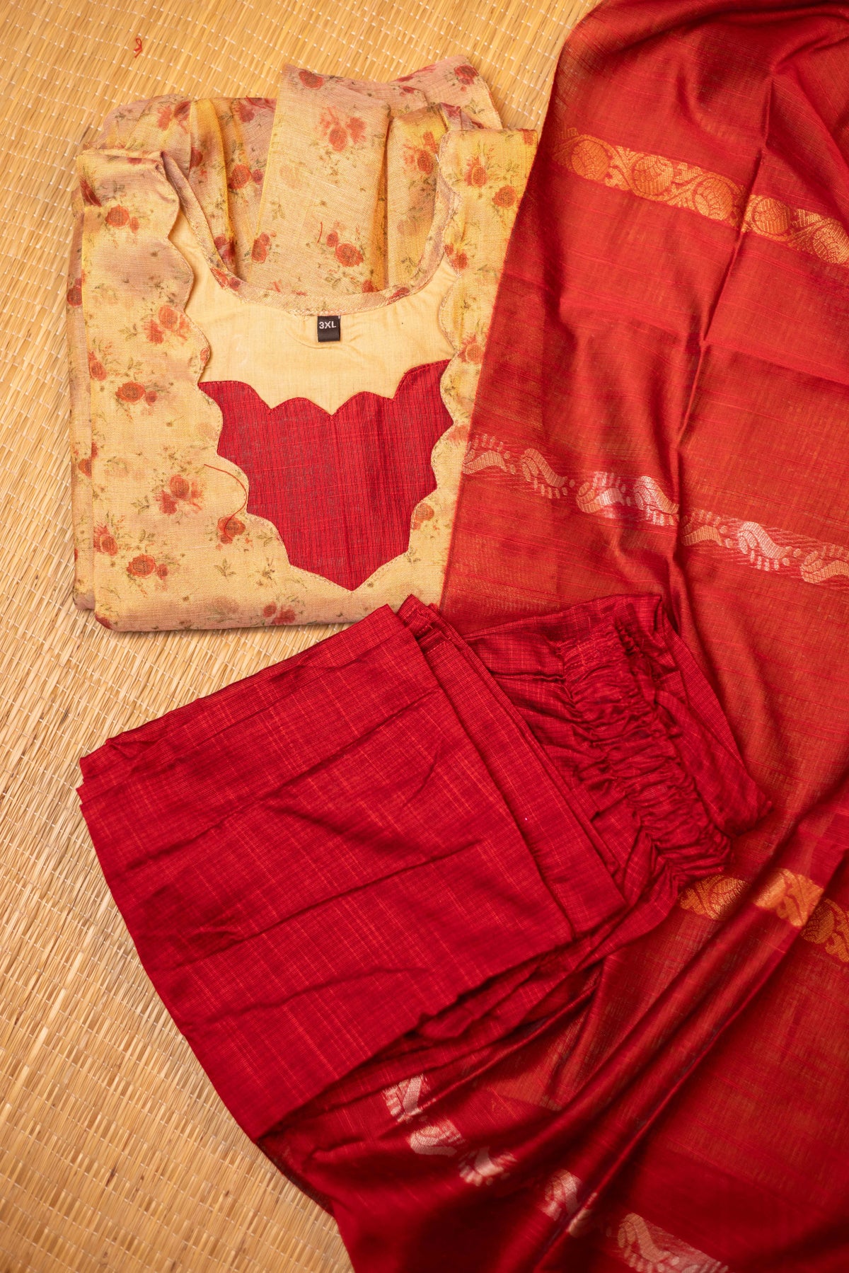 Cream tissue organza- 3 pieces suit set with red  raw silk dupatta