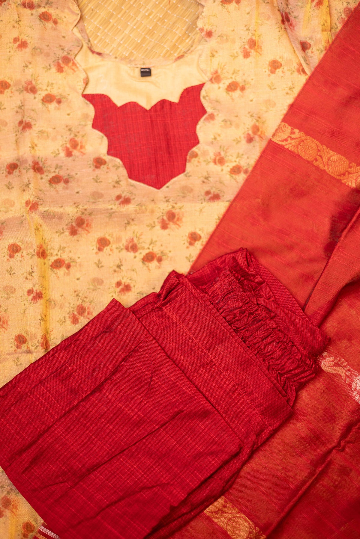 Cream tissue organza- 3 pieces suit set with red  raw silk dupatta