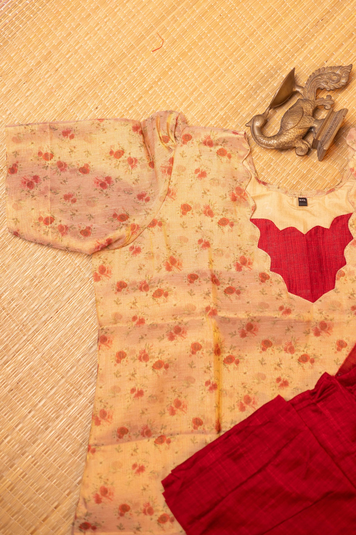 Cream tissue organza- 3 pieces suit set with red  raw silk dupatta