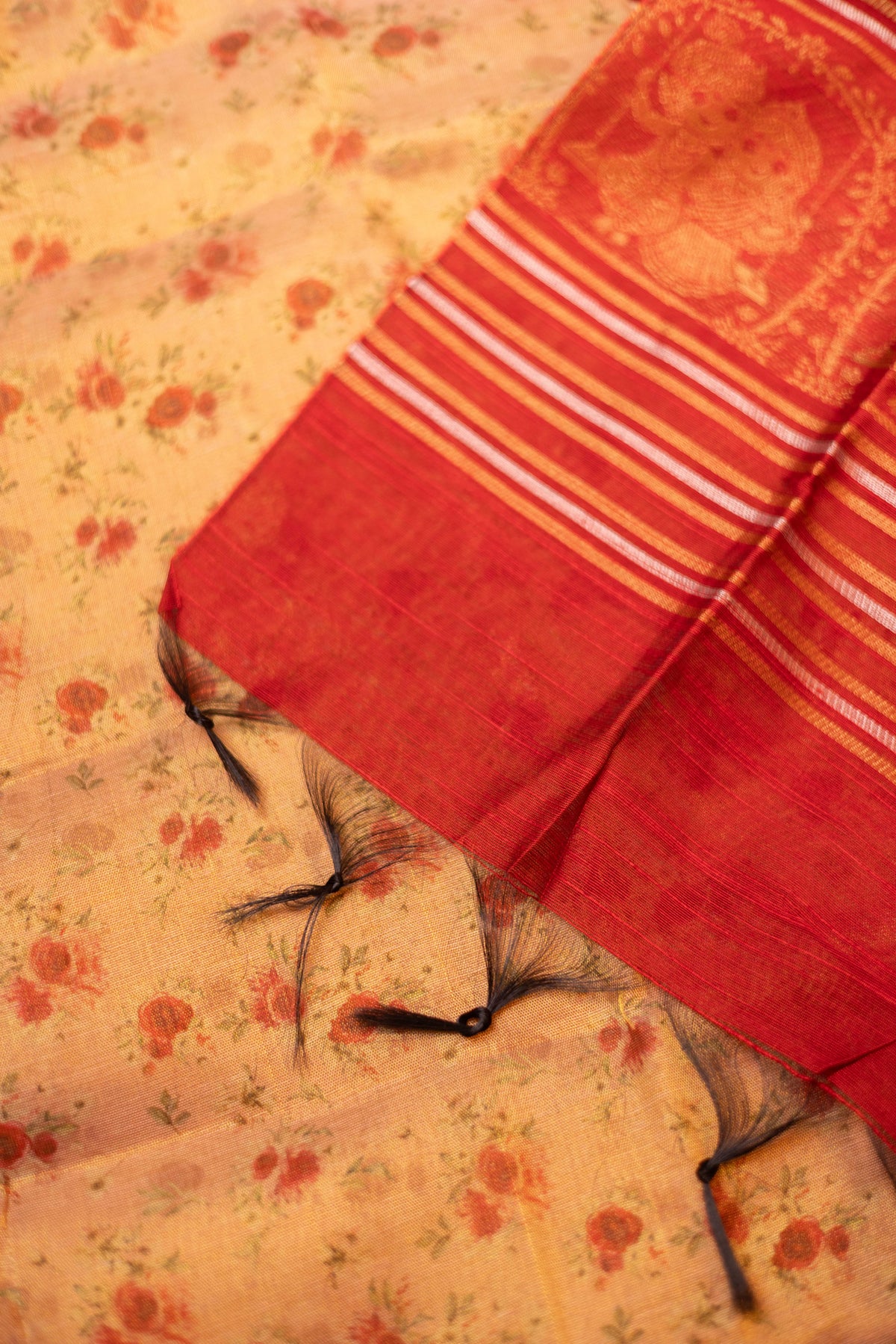 Cream tissue organza- 3 pieces suit set with red  raw silk dupatta