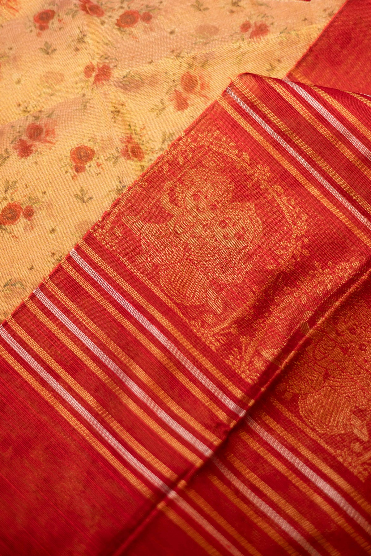 Cream tissue organza- 3 pieces suit set with red  raw silk dupatta