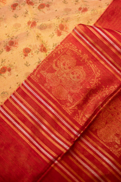 Cream tissue organza- 3 pieces suit set with red  raw silk dupatta
