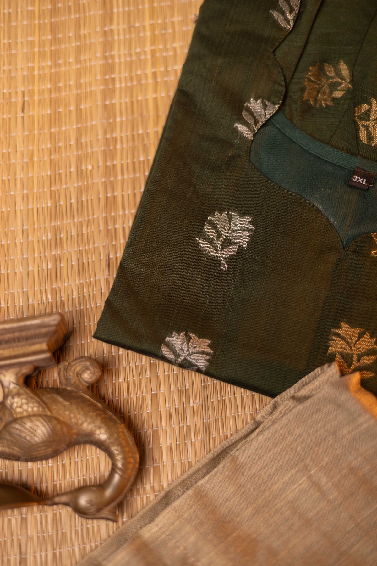 Dark green Raw silk 3 Pc suit set with  sandal tussar silk kalamkari duppatta
