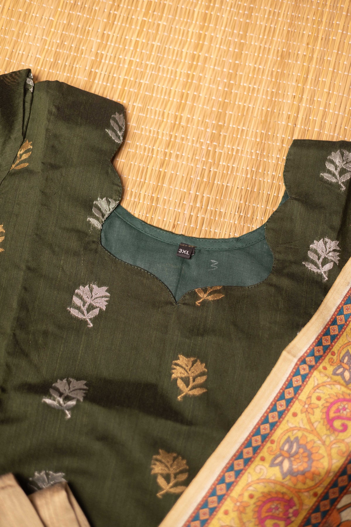 Dark green Raw silk 3 Pc suit set with  sandal tussar silk kalamkari duppatta