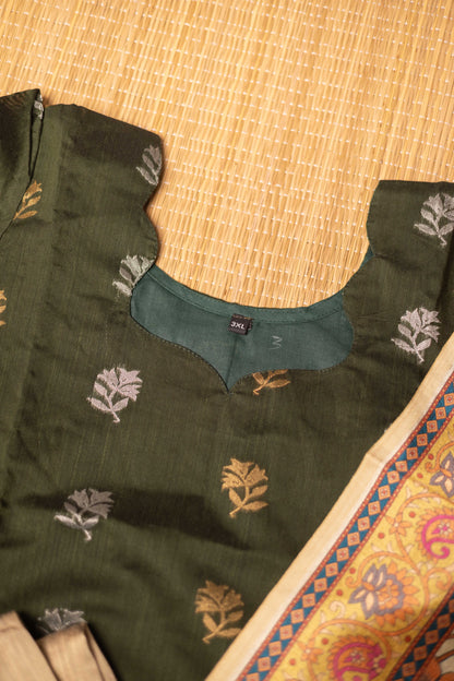 Dark green Raw silk 3 Pc suit set with  sandal tussar silk kalamkari duppatta