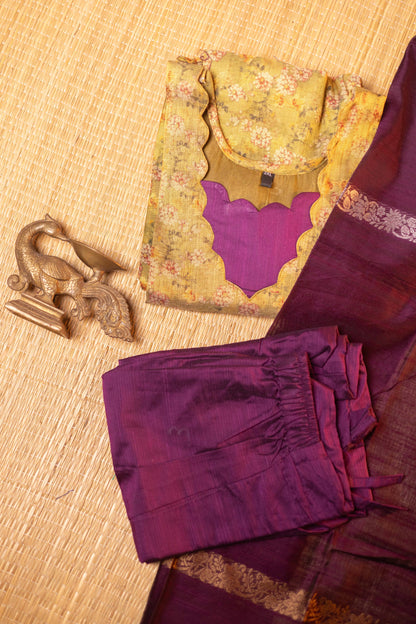 Cardomom Green tissue organza- 3 pieces suit set with purple raw silk dupatta