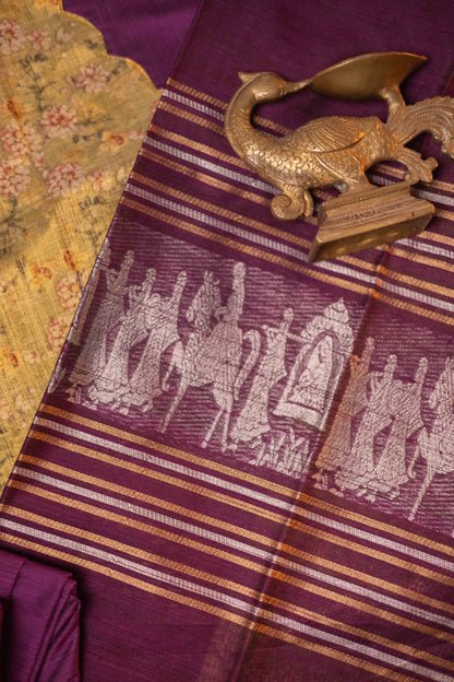 Cardomom Green tissue organza- 3 pieces suit set with purple raw silk dupatta