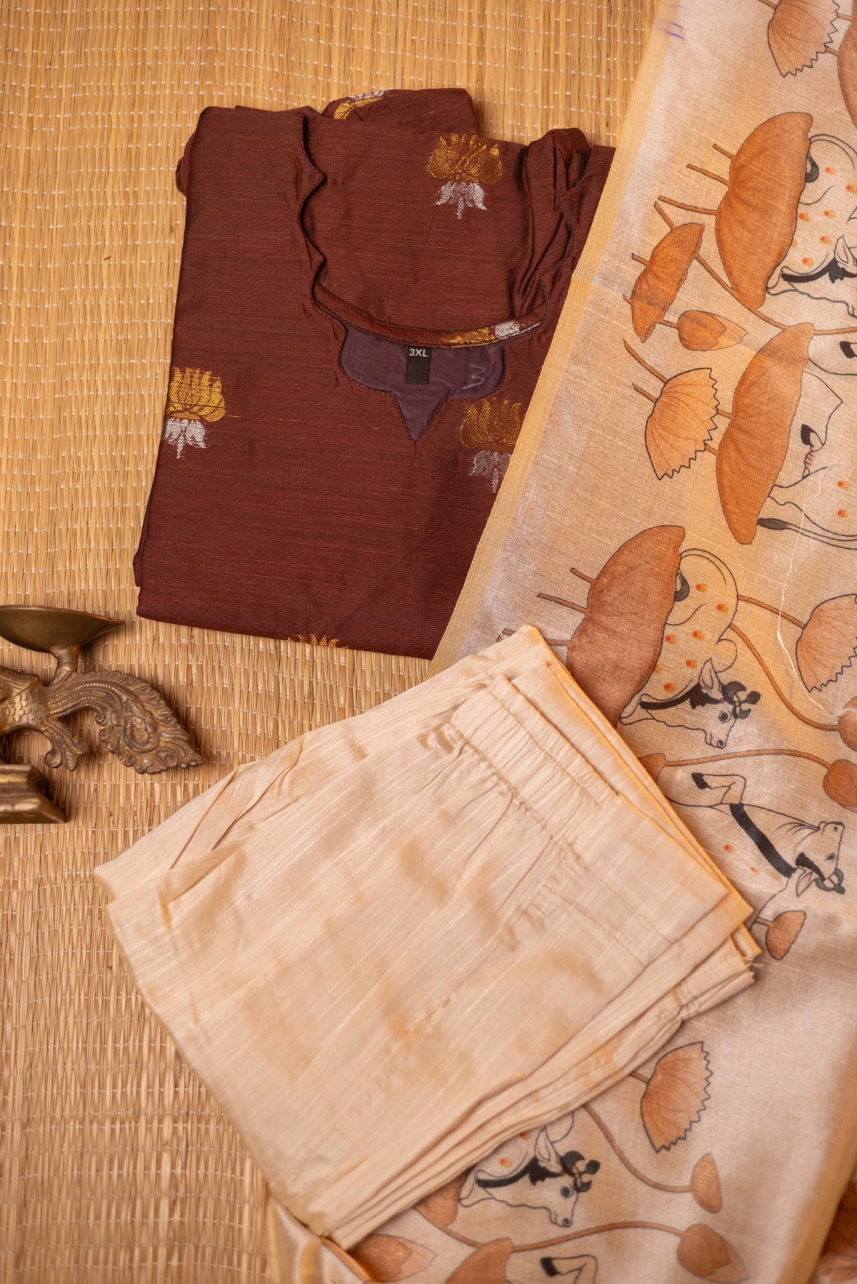 Coffee brown  raw silk with  sandal pichwai printed tussar dupatta