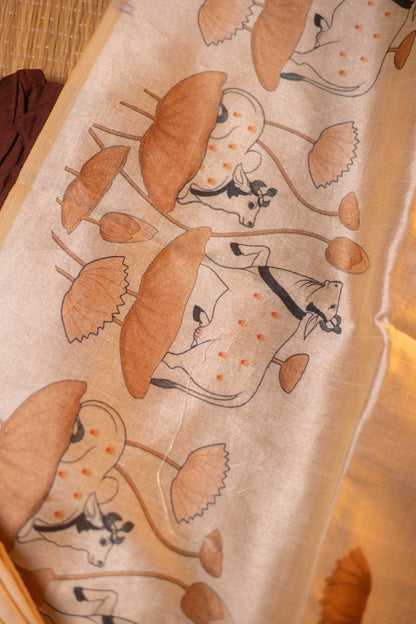 Coffee brown  raw silk with  sandal pichwai printed tussar dupatta