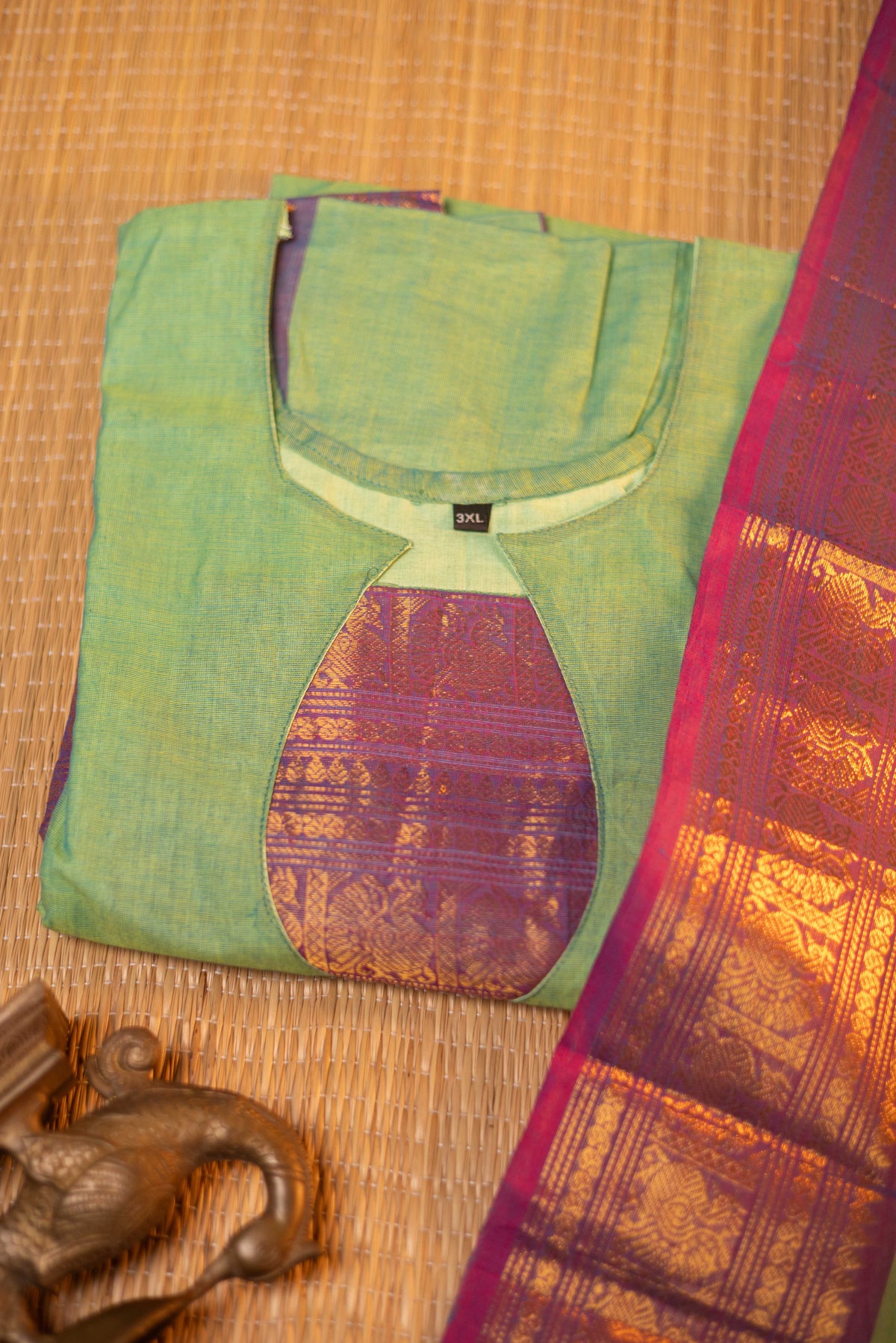Pista Green- Chettinad cotton A-Line kurta + dupatta
