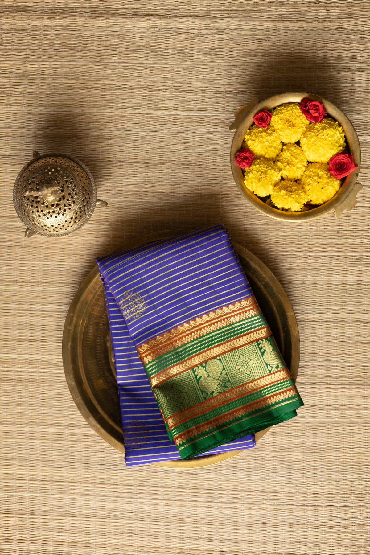 Navy blue body zari lines with meenakshi green big border