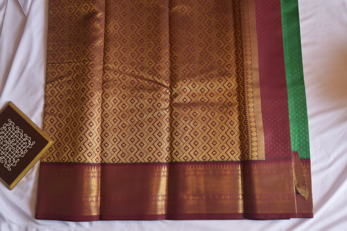 Dark Green & Brown Kanchipuram Semi Silk Saree
