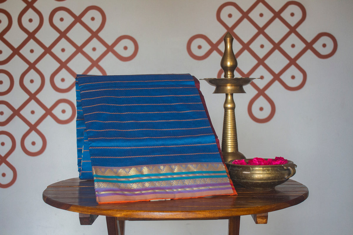 Copper Sulphate Blue Veldhari Semi Silk Cotton Saree with Maroon