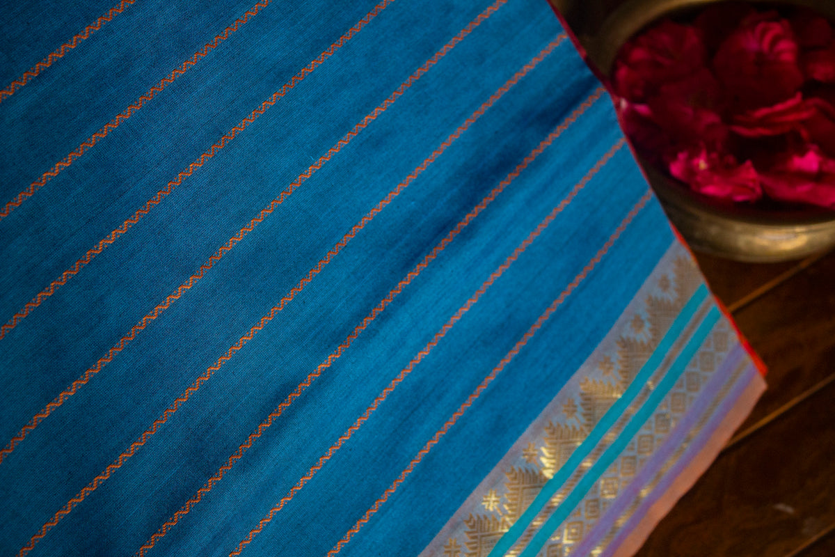 Copper Sulphate Blue Veldhari Semi Silk Cotton Saree with Maroon