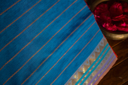 Copper Sulphate Blue Veldhari Semi Silk Cotton Saree with Maroon