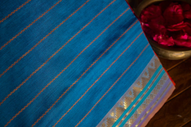 Copper Sulphate Blue Veldhari Semi Silk Cotton Saree with Maroon