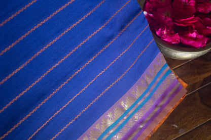 Navy Blue Veldhari Semi Silk Cotton Saree with Honey Brown