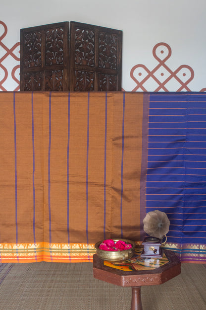 Navy Blue Veldhari Semi Silk Cotton Saree with Honey Brown