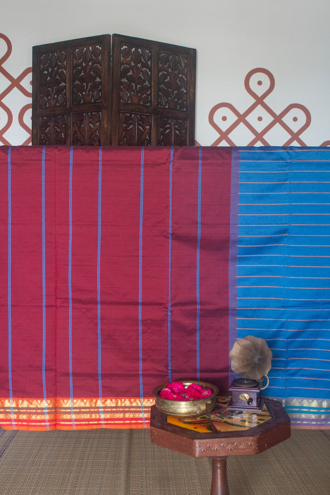 Copper Sulphate Blue Veldhari Semi Silk Cotton Saree with Maroon