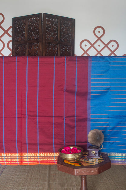 Copper Sulphate Blue Veldhari Semi Silk Cotton Saree with Maroon