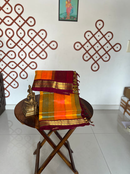 Korvai  Multi coloured silk cotton- Ice Blue, Dual shade Pinkish Orange & Turmeric Yellow with Vaadamalli Purple