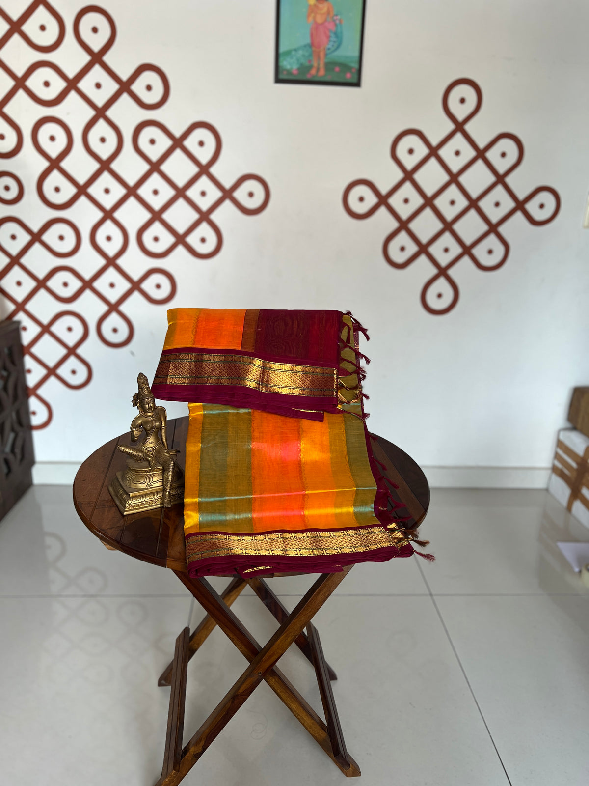 Korvai  Multi coloured silk cotton- Ice Blue, Dual shade Pinkish Orange & Turmeric Yellow with Vaadamalli Purple