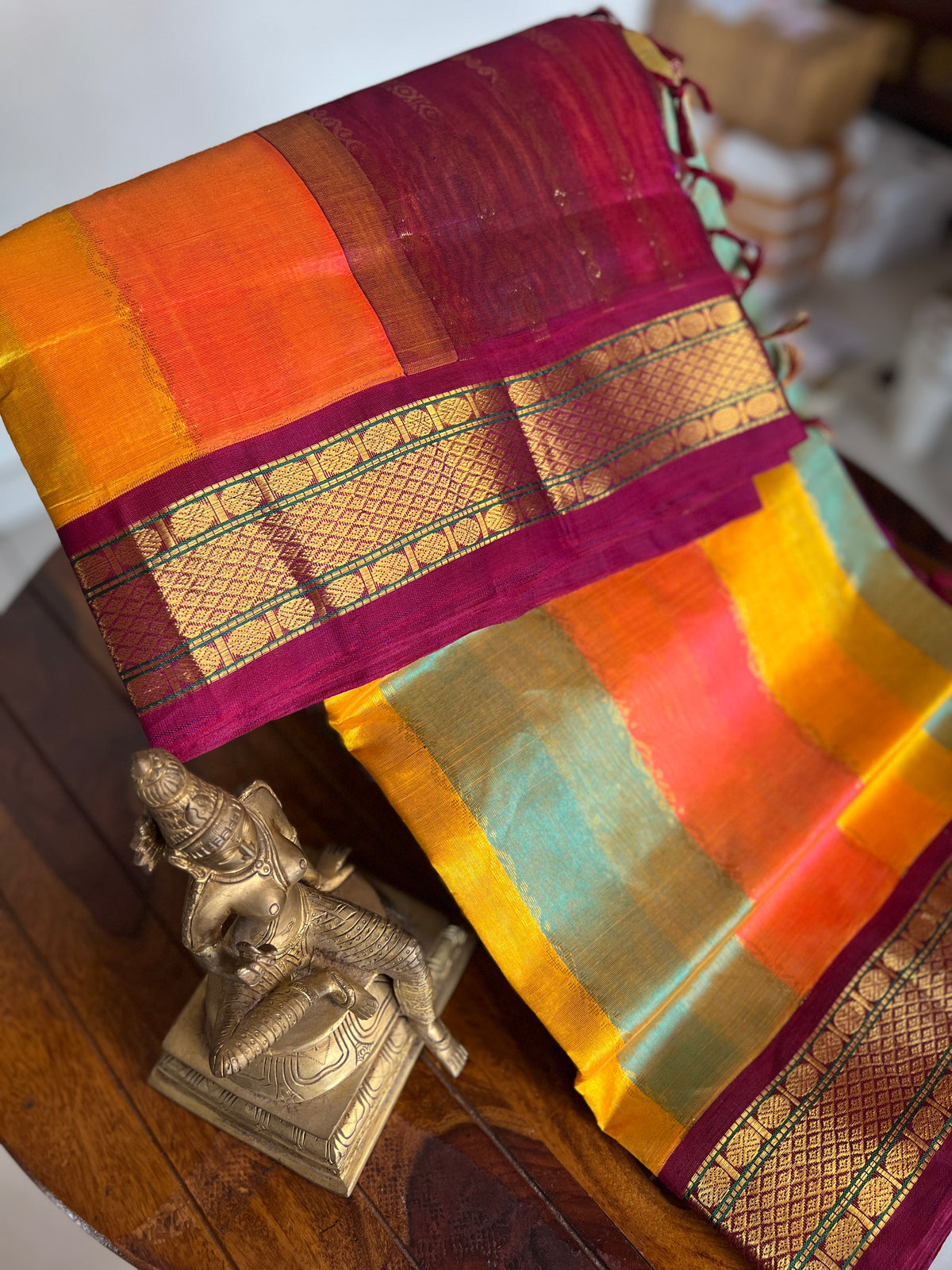 Korvai  Multi coloured silk cotton- Ice Blue, Dual shade Pinkish Orange & Turmeric Yellow with Vaadamalli Purple