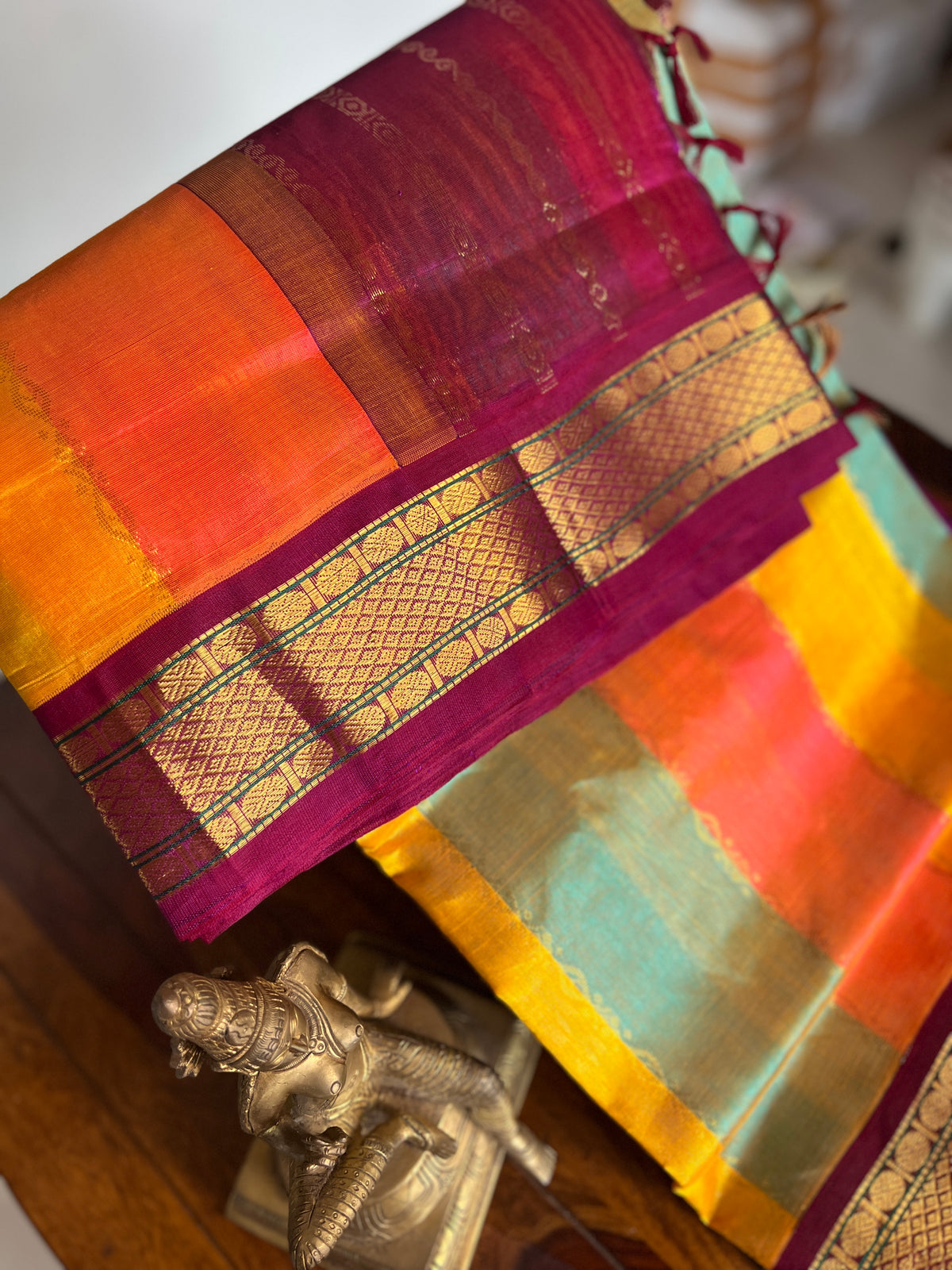 Korvai  Multi coloured silk cotton- Ice Blue, Dual shade Pinkish Orange & Turmeric Yellow with Vaadamalli Purple