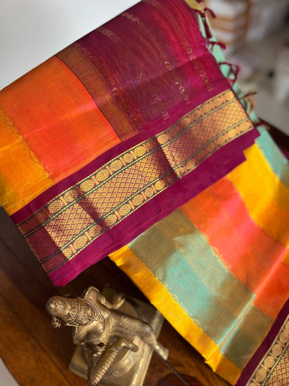 Korvai  Multi coloured silk cotton- Ice Blue, Dual shade Pinkish Orange & Turmeric Yellow with Vaadamalli Purple