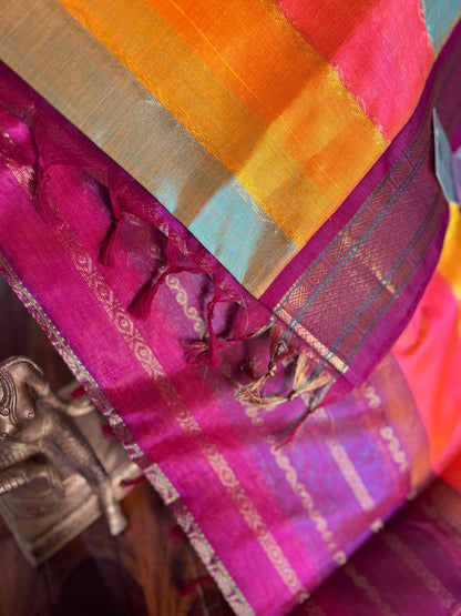 Korvai  Multi coloured silk cotton- Ice Blue, Dual shade Pinkish Orange & Turmeric Yellow with Vaadamalli Purple
