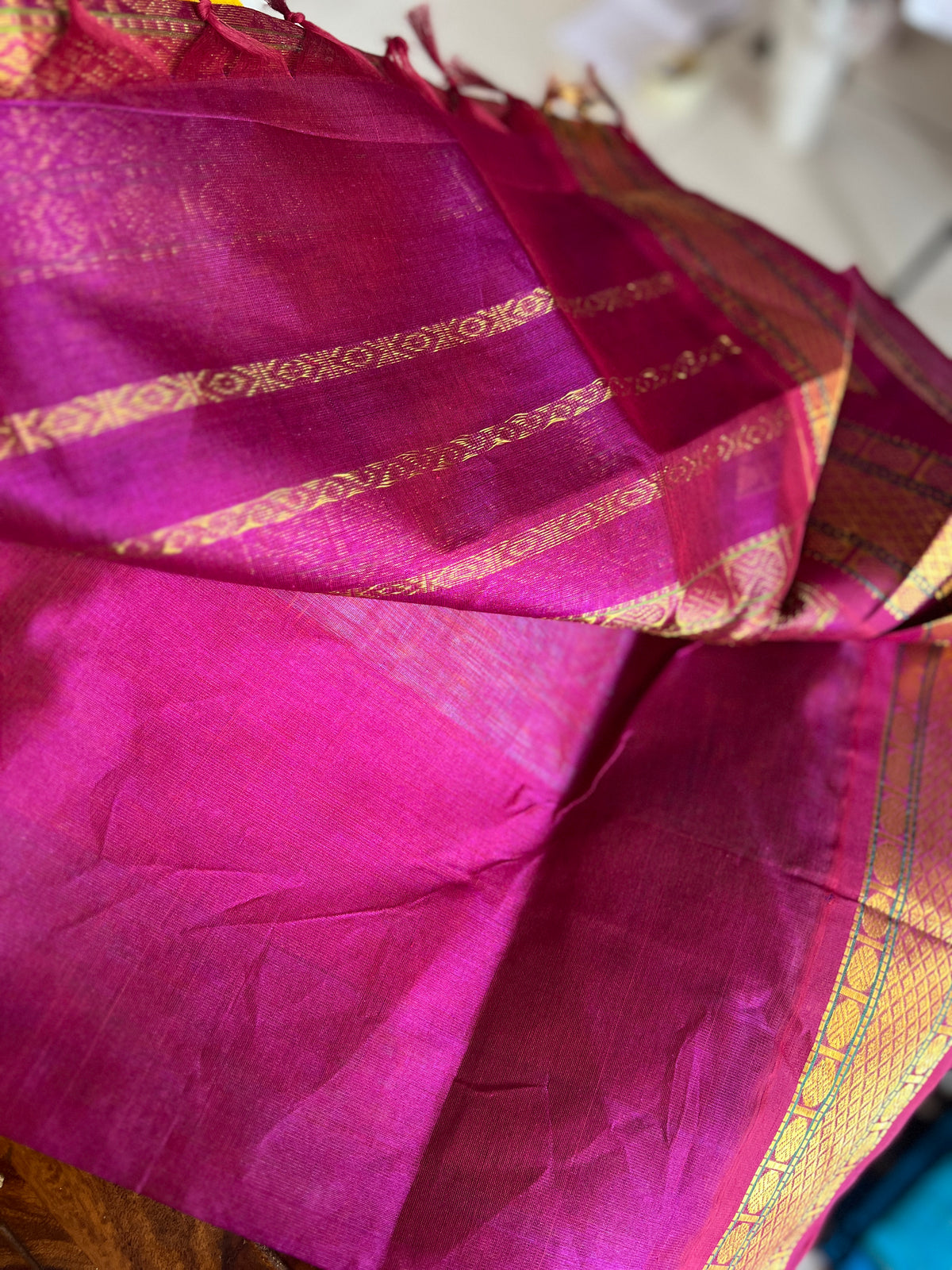 Korvai  Multi coloured silk cotton- Ice Blue, Dual shade Pinkish Orange & Turmeric Yellow with Vaadamalli Purple