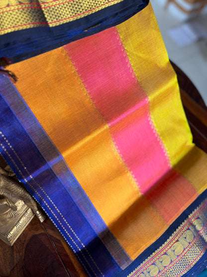 Korvai  Multi coloured silk cotton- Orangish Pink, Sampangi Yellow, Turmeric Yellow with Navy blue border