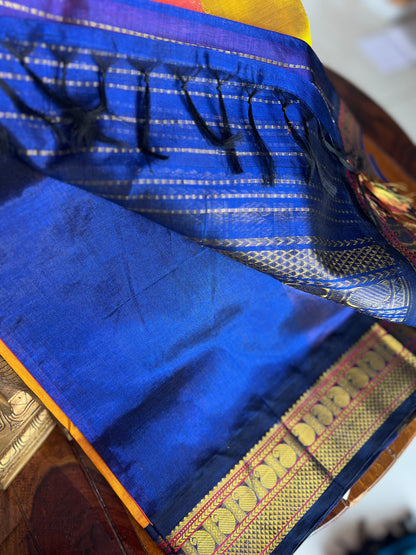 Korvai  Multi coloured silk cotton- Orangish Pink, Sampangi Yellow, Turmeric Yellow with Navy blue border
