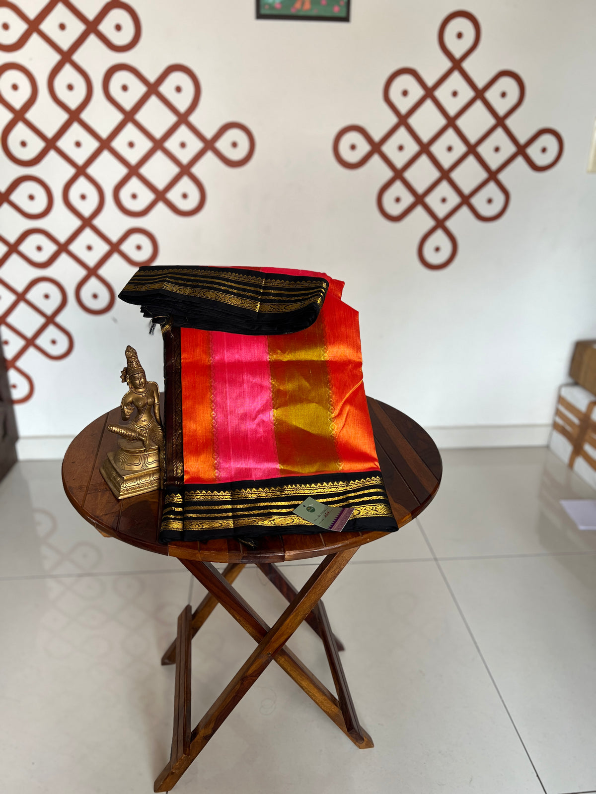 Korvai  Multi coloured silk cotton- Golden Vendhayam, Sunset Yellow & Rose Milk Pink with Black Border