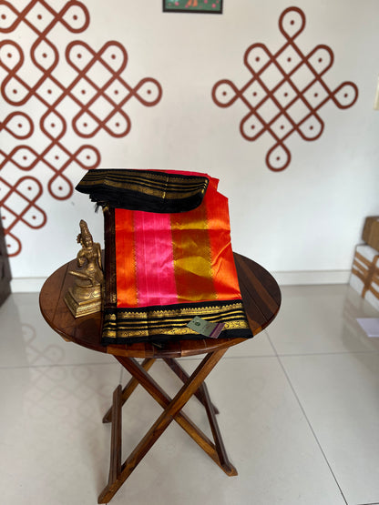 Korvai  Multi coloured silk cotton- Golden Vendhayam, Sunset Yellow & Rose Milk Pink with Black Border