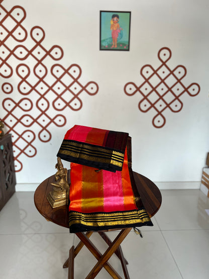 Korvai  Multi coloured silk cotton- Golden Vendhayam, Sunset Yellow & Rose Milk Pink with Black Border