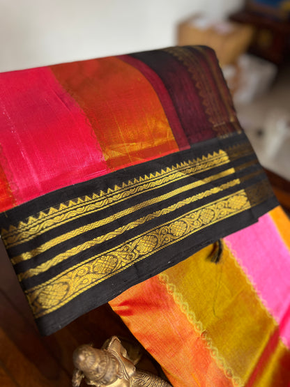 Korvai  Multi coloured silk cotton- Golden Vendhayam, Sunset Yellow & Rose Milk Pink with Black Border