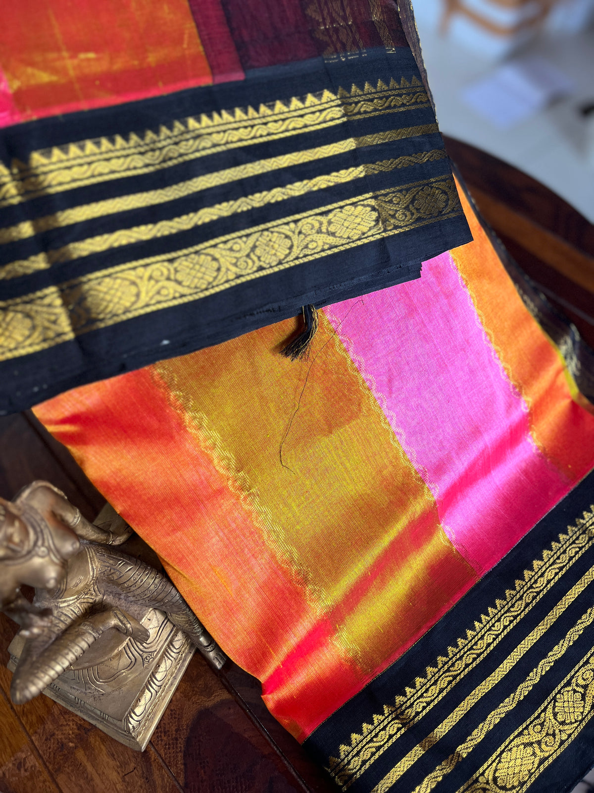 Korvai  Multi coloured silk cotton- Golden Vendhayam, Sunset Yellow & Rose Milk Pink with Black Border