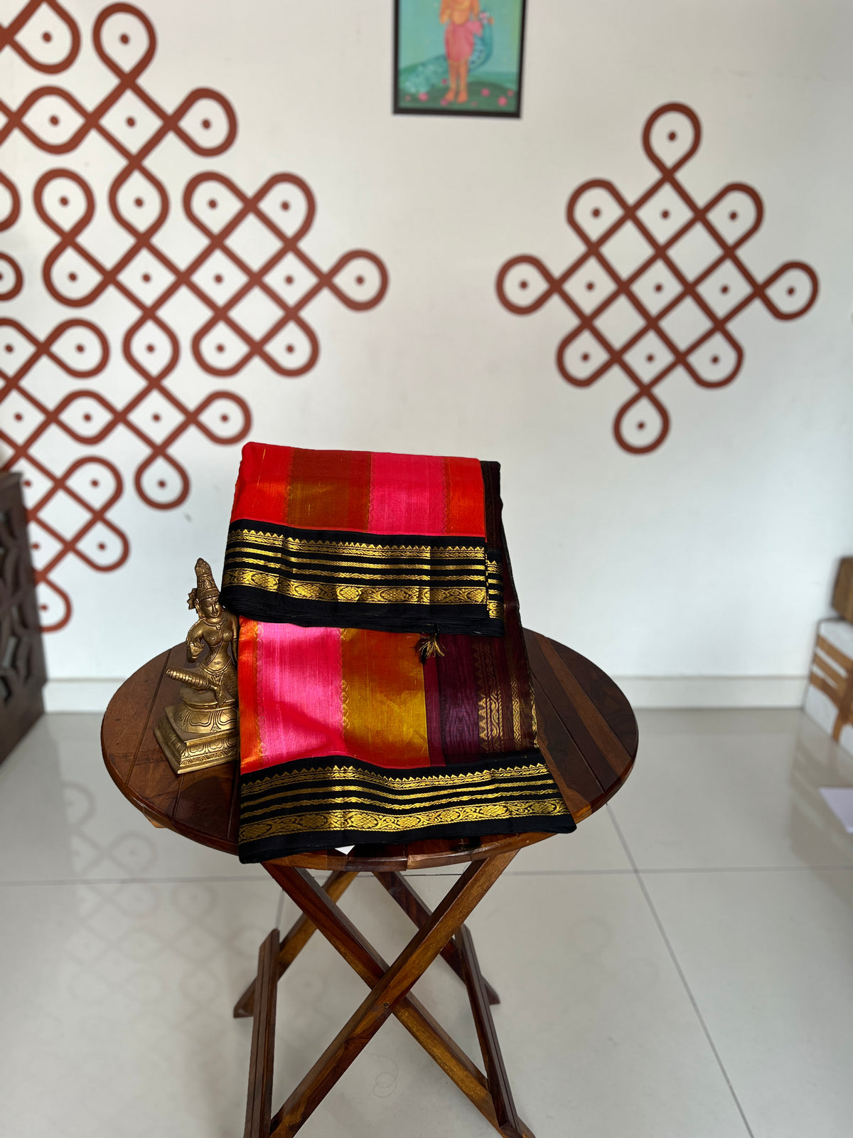 Korvai  Multi coloured silk cotton- Golden Vendhayam, Sunset Yellow & Rose Milk Pink with Black Border