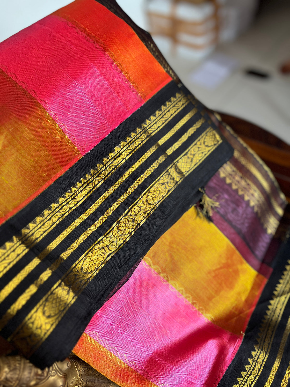 Korvai  Multi coloured silk cotton- Golden Vendhayam, Sunset Yellow & Rose Milk Pink with Black Border