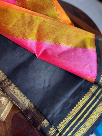 Korvai  Multi coloured silk cotton- Golden Vendhayam, Sunset Yellow & Rose Milk Pink with Black Border