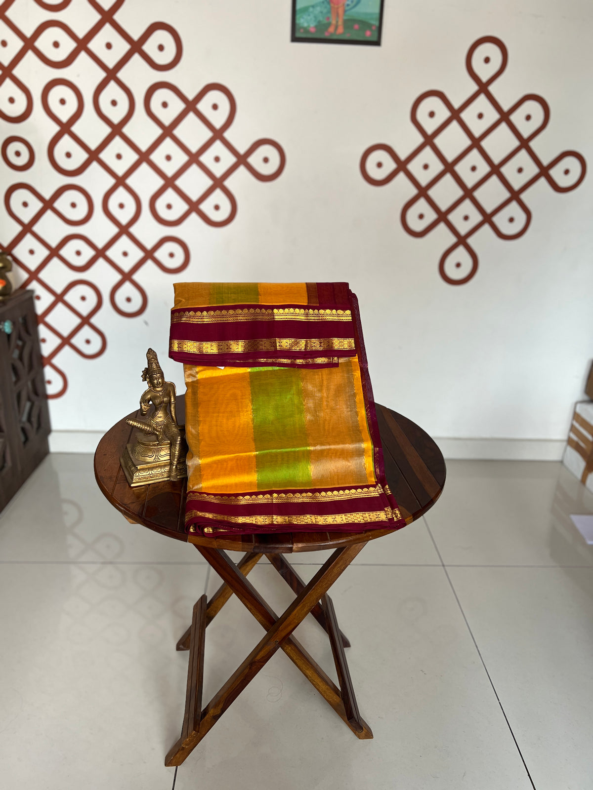 Korvai  Multi coloured silk cotton-Lime Green, Turmeric Yellow & Sapotta with Vaadamalli Purple